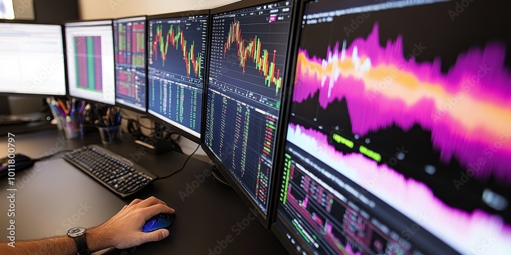 Fototapete stock market analysis: create an image of a person analyzing stock market graphs on multiple screens