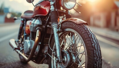 Fototapeta premium Vintage motorcycle shows with nostalgic designs, stylish and dynamic, Urban, Soft tones, Photograph, Retro ride