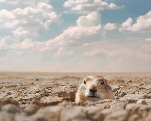 Curious Prairie Dog Peeking Out from Barren Desert Burrow