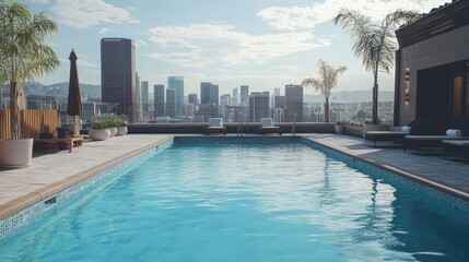 Fototapeta premium Rooftop Pool Overlooking Urban Skyline