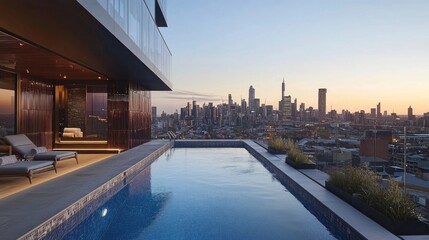 Obraz premium Rooftop Pool with Skyline View at Sunset