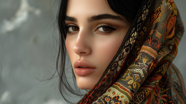 Fashion forward an Iranian woman Side profile view young arab asian muslim woman Black Friday sale buy day, uae islam concept
