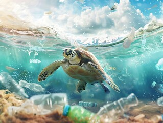 Obraz premium Lone Turtle Struggling to Navigate Through Floating Ocean Debris and Plastic Pollution