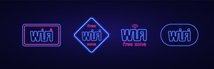 Vector set of signal wifi signs neon effect. Blue and pink neon wi-fi Fully vector effect without raster effects. 
