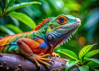 Obraz premium A Colorful Pet Lizard Relaxing on a Branch Surrounded by Lush Green Foliage in a Natural Habitat