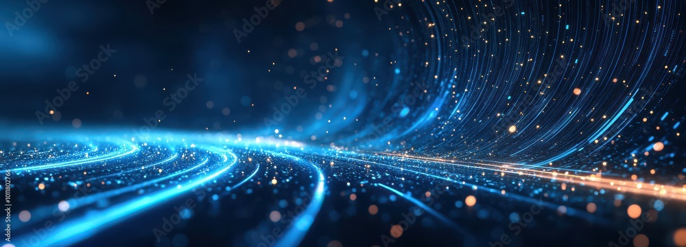 Poster abstract futuristic background featuring glowing lines and dots in a dynamic digital pattern