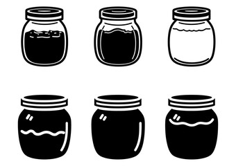 White hand drawn jar sticker set. Contour sketch. Cartoon kitchen objects outline doodle style. Vector illustration isolated on white background.
