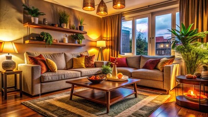 A Cozy Living Room with Modern Decor, Warm Lighting, and Stylish Furniture for Relaxation and Comfort