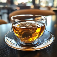 Tea in a glass cup with a tea bag floating on top.