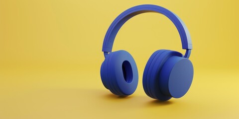 Naklejka premium Blue wireless headphones on yellow background. Minimalistic 3D render with copy space for design and print.