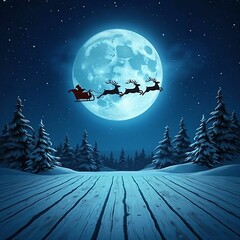Naklejka premium Santa Claus Sleigh Silhouette Flying Across Full Moon on Christmas Eve