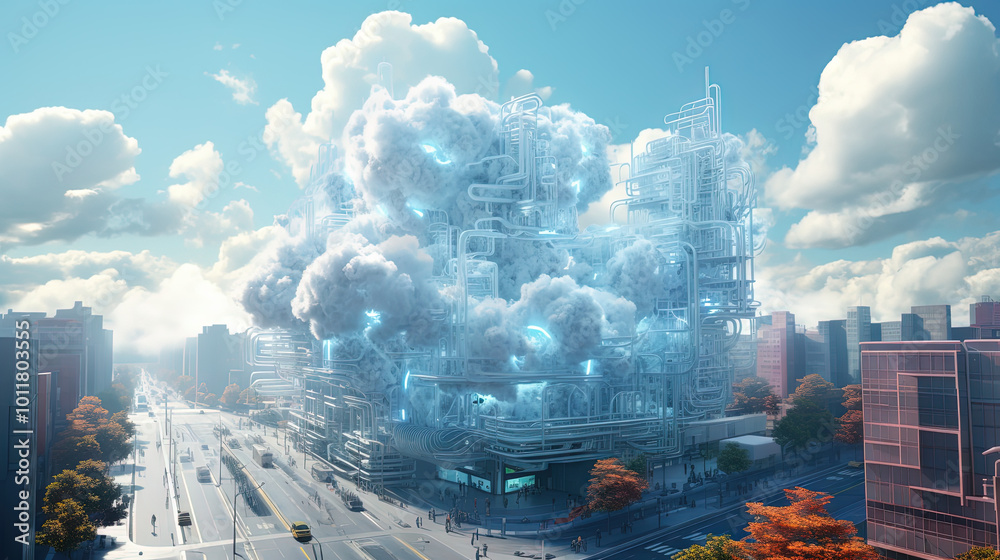 Poster Concept of a digital city with cloud connections. Futuristic network in the clouds.
