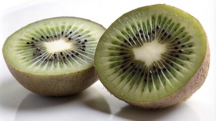 Fototapeta premium Two halves of a kiwi fruit on a white plate.