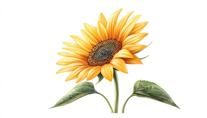 Sunflower blooming with vibrant yellow petals on white isolated background.
