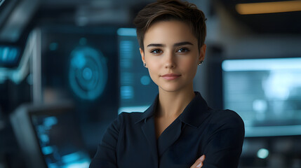 Naklejka premium A confident young non-binary individual in a futuristic control room engaging with advanced technology. Business and lgbtqia concept