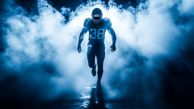 American football player walking through stadium tunnel .