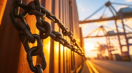 Naklejka premium Heavy Chains Locking Shipping Containers at Dock