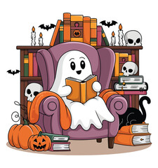 Cute Ghost read a book. Retro Halloween Ghost Reading Books Funny t-shirt design