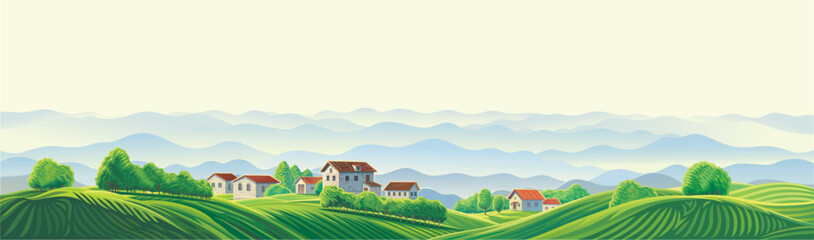 Summer rural landscape, with hills and agriculture fields and gardens, and village houses, on top of a hill. Vector illustration.