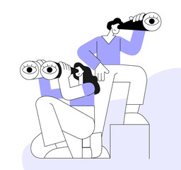 Two character of companies look through a telescope and binoculars. Flat vector illustration.