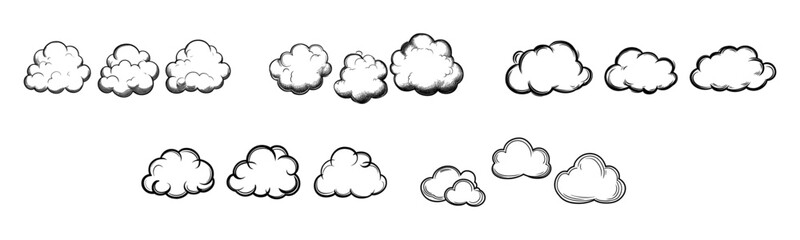 Clouds. Clouds collection in line design. Cloud vector icons, isolated. Cloud weather signs. Panorama view. Cloud in a row. Vector illustration
