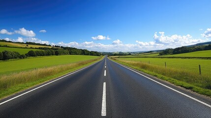Fototapeta premium Open Road Through Lush Green Fields and Blue Sky