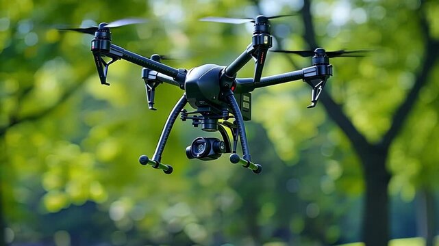 Professional drone with a camera is hovering in a park, capturing aerial footage for security or surveillance purposes