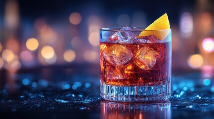 Whiskey cocktail with lemon peel garnish and bokeh lights in the background