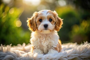 Adorable Cavachon Puppy Sitting on a Soft Blanket with a Playful Expression in Natural Light