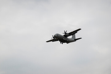 Military transport turboprop aircraft in flight