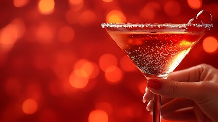 A hand holding a martini glass with a cherry on top against a red bokeh background.
