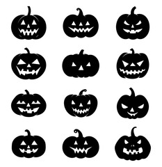 set of silhouette Halloween pumpkin with happy face on white background
