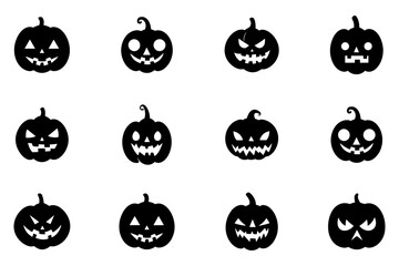 set of silhouette Halloween pumpkin with happy face on white background
