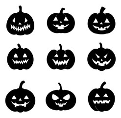 set of silhouette Halloween pumpkin with happy face on white background
