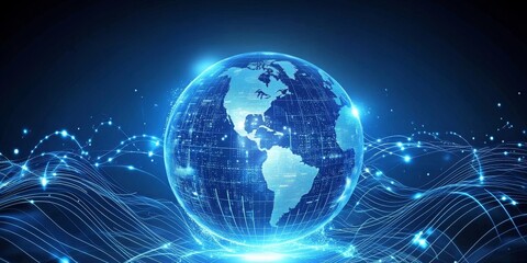 Fototapeta premium Futuristic Globe with Tech Lines: Create a globe with a sleek, metallic appearance, surrounded by bright, flowing lines that pulse with light, symbolizing high-tech globa