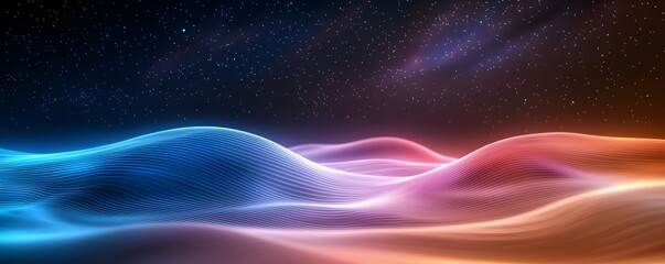 Ethereal Neon Waves and Bioluminescent Mirages in a Glowing Desert Landscape - Radiant Skies and Cosmic Starlight Reflections on Luminous Dunes