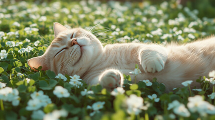 Obraz premium Scottish Fold shot leg cat laying in a field of clover with sunlight reflecting off the leaves, HDR, high depth of field