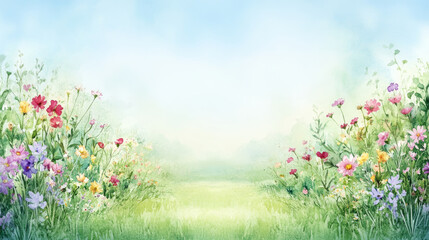 Fototapeta premium A serene landscape filled with colorful flowers, creating a peaceful and vibrant atmosphere in nature.