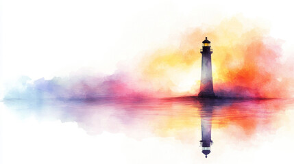A serene watercolor painting of a lighthouse reflecting on calm water, showcasing vibrant colors and a tranquil atmosphere.