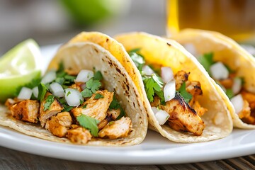 Freshly prepared tacos with marinated chicken and cilantro garnish
