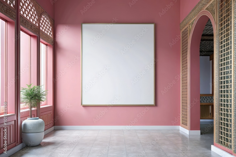 Poster Minimalist room with a blank canvas on a pink wall.