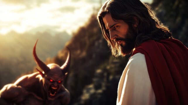 A dramatic scene depicting a confrontation between a figure representing good and a demonic entity.