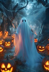 Spooky ghost in pumpkin field with eerie atmosphere, perfect for Halloween decor