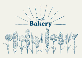 Illustration on the theme of bread and flour pastries. Ears of wheat, at the ends of which bread and bakery products are depicted, as if they grow together with ears of wheat. Vector illustration.