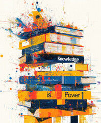 Stack of Books with "Knowledge is Power" Slogan in Bold
