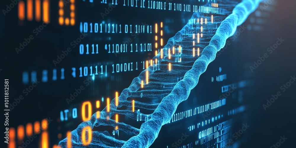 Poster Data-driven Cells: Create a visual of biological cells interconnected with streams of digital data or binary code, symbolizing the integration of biotechnology with compu