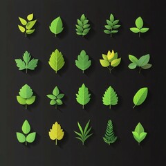 3D gradient icon set of leaves green