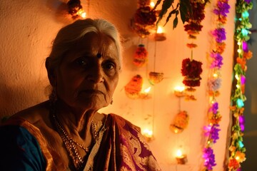 Elderly Indian Woman Celebrating Diwali with Traditional Decorations and Lights