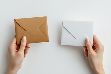 Isolated on a white backdrop, a hand holding a blank card and brown and white envelope. Generative Ai