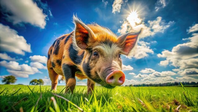 Adorable Kunekune Pig Grazing in Green Pasture Under Bright Blue Sky on a Sunny Day
